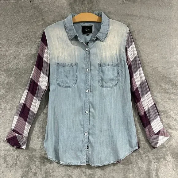 Rails Chambray Plaid Button Down Shirt Long Sleeve Collared Womens Size Medium - Picture 6 of 8